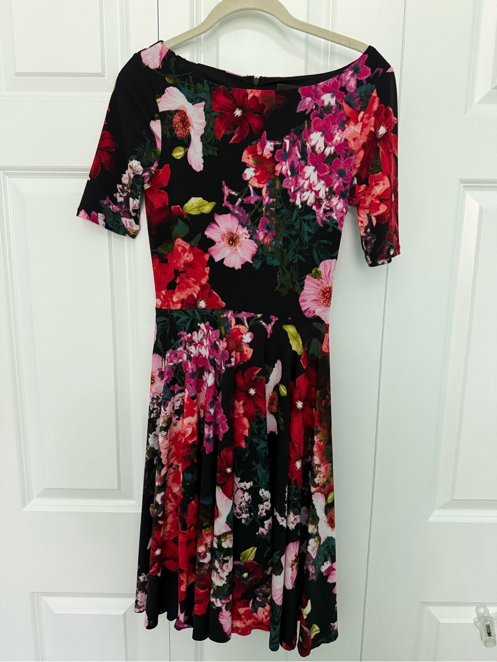 Marcbouwer Black Floral Fit-and-Flare Dress with Pink & Red Blooms